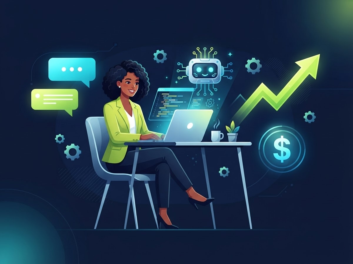 Illustration of a person building an AI-powered business with growth charts and AI icons